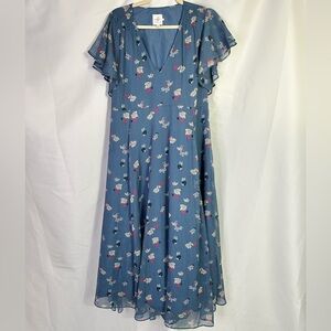 Maternity Dusky Blue Floral 90’s Maxi Dress V Neck Wedding Guest Cottagecore